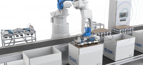 Robot in a packaging application with wireless communication to ensure reliable serial communication and flexibility when changing the end-of-arm tool. Image via SMC.